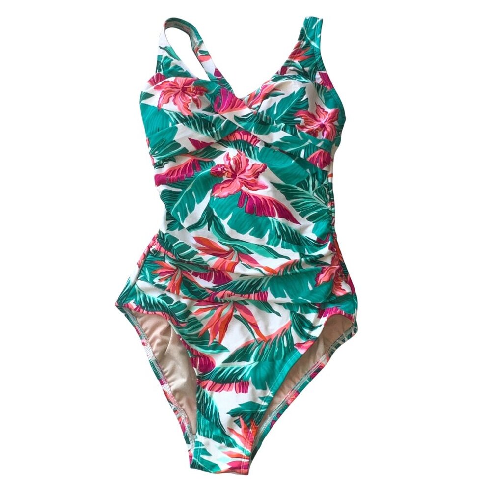 Kona Sol One-Piece Swimsuit Womens S Green Pink Tropical Floral Cross Front Back
